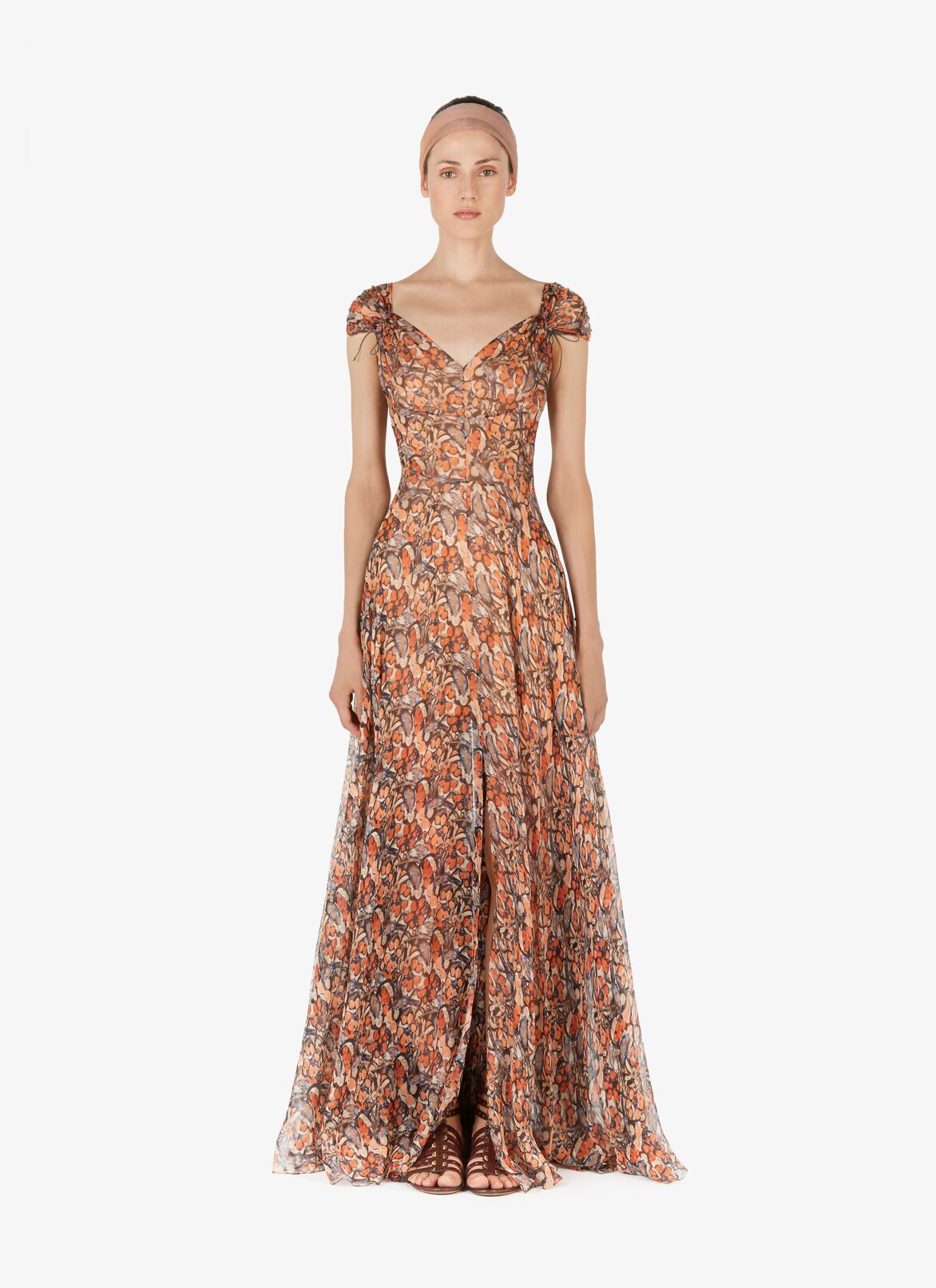 Flowing Silk Chiffon Dress  ALAÏA MULTICOLOR ORANGE FLOWING SILK CHIFFON DRESS